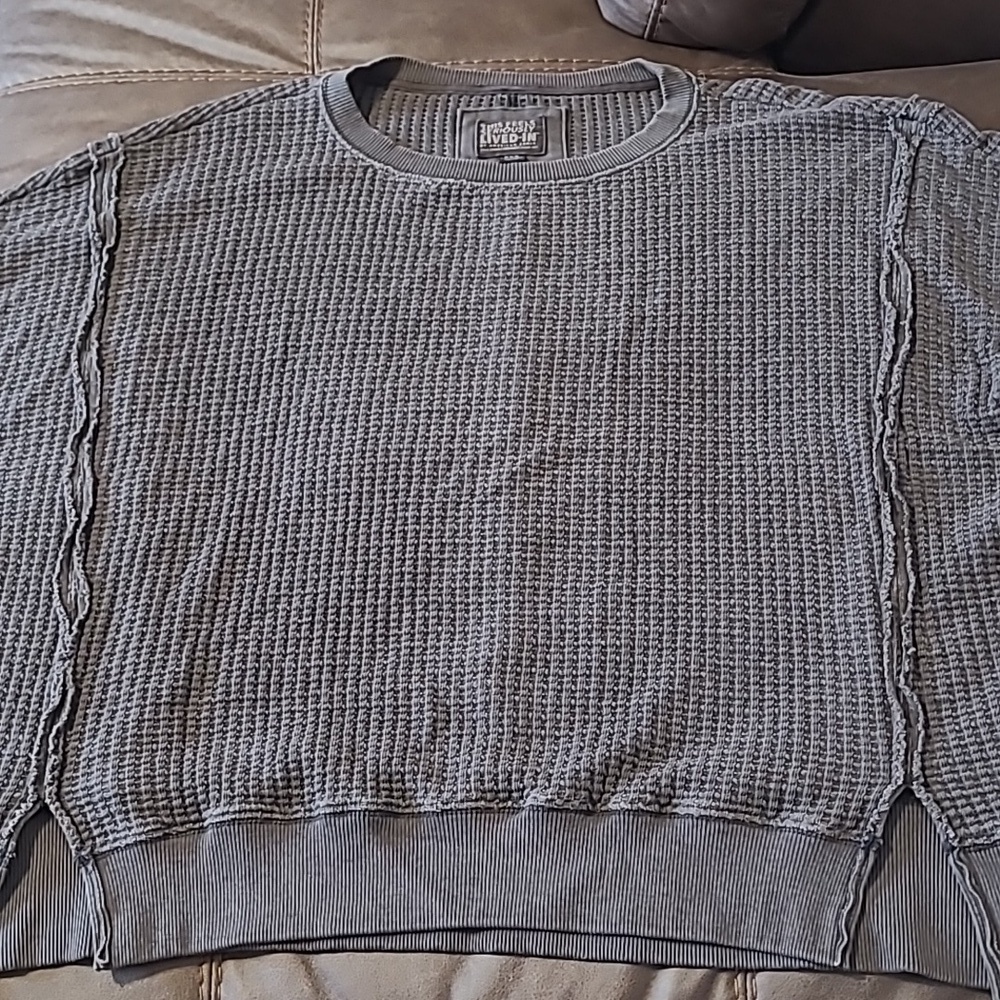 American Eagle Lived-in Gray M Waffle Knit Thermal Sweater Boxy Oversized Boho - Picture 4 of 11